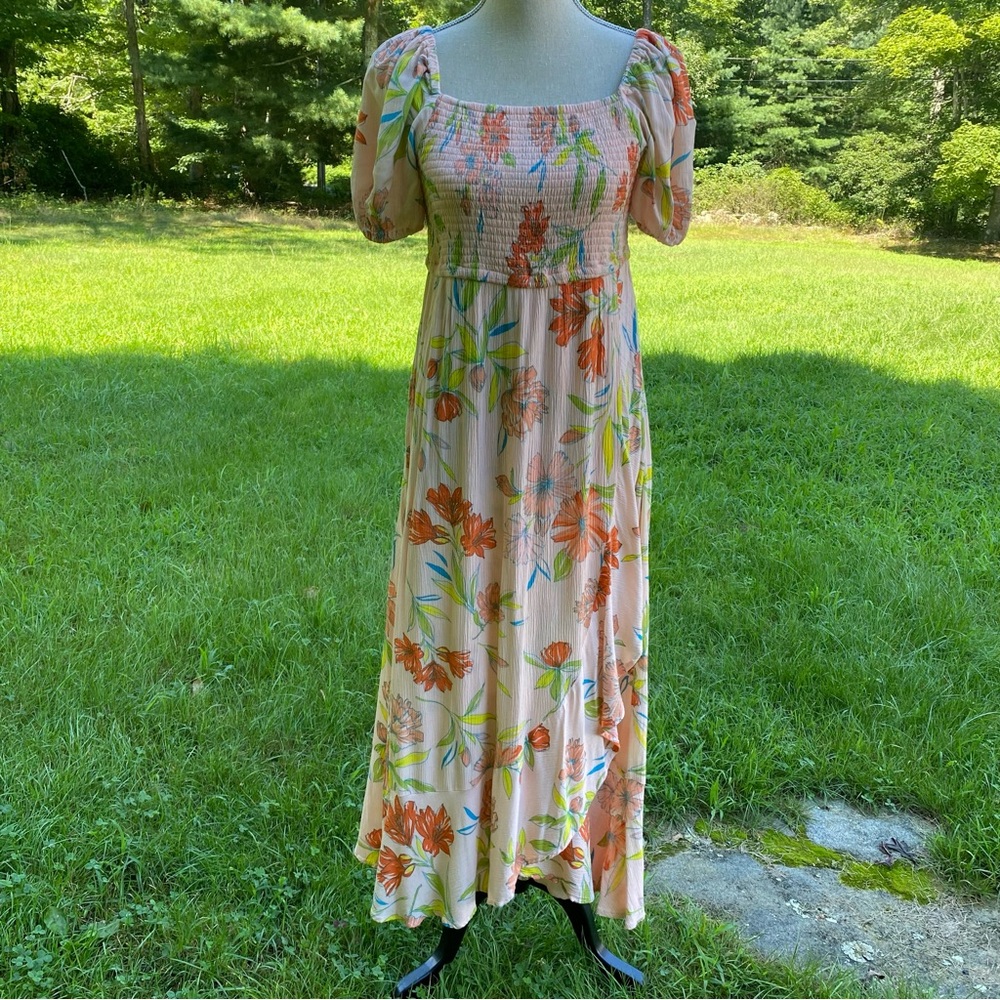 FOR THE REPUBLIC DRESS MAXI PEACH PINK ORANGE FLORAL RUFFLE HEM SMOCKED SIZE S